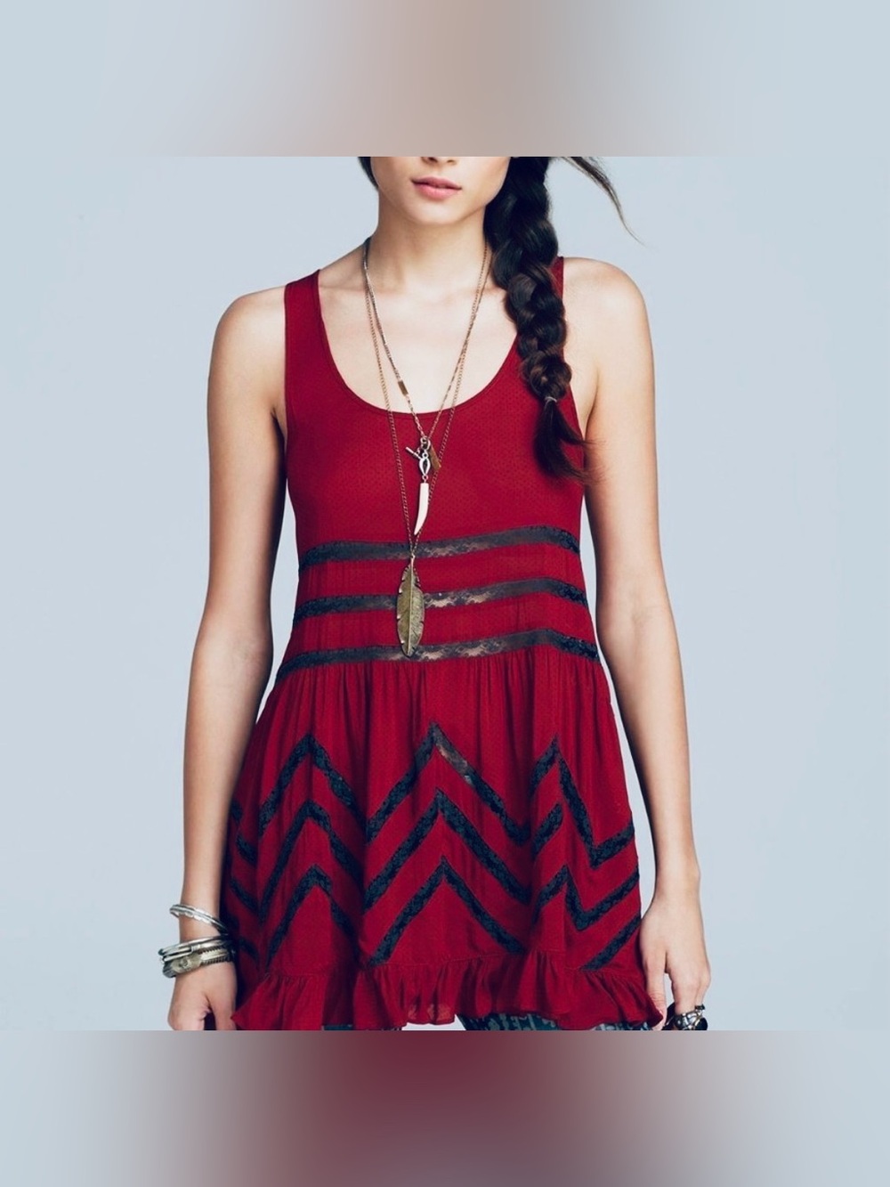 Free People Voile & Lace Trapeze Slip Dress, Crimson, Size Medium, Boho